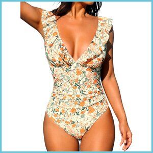 Ruffled One Piece Swimsuit with V Neck Lace Up and Tummy Control